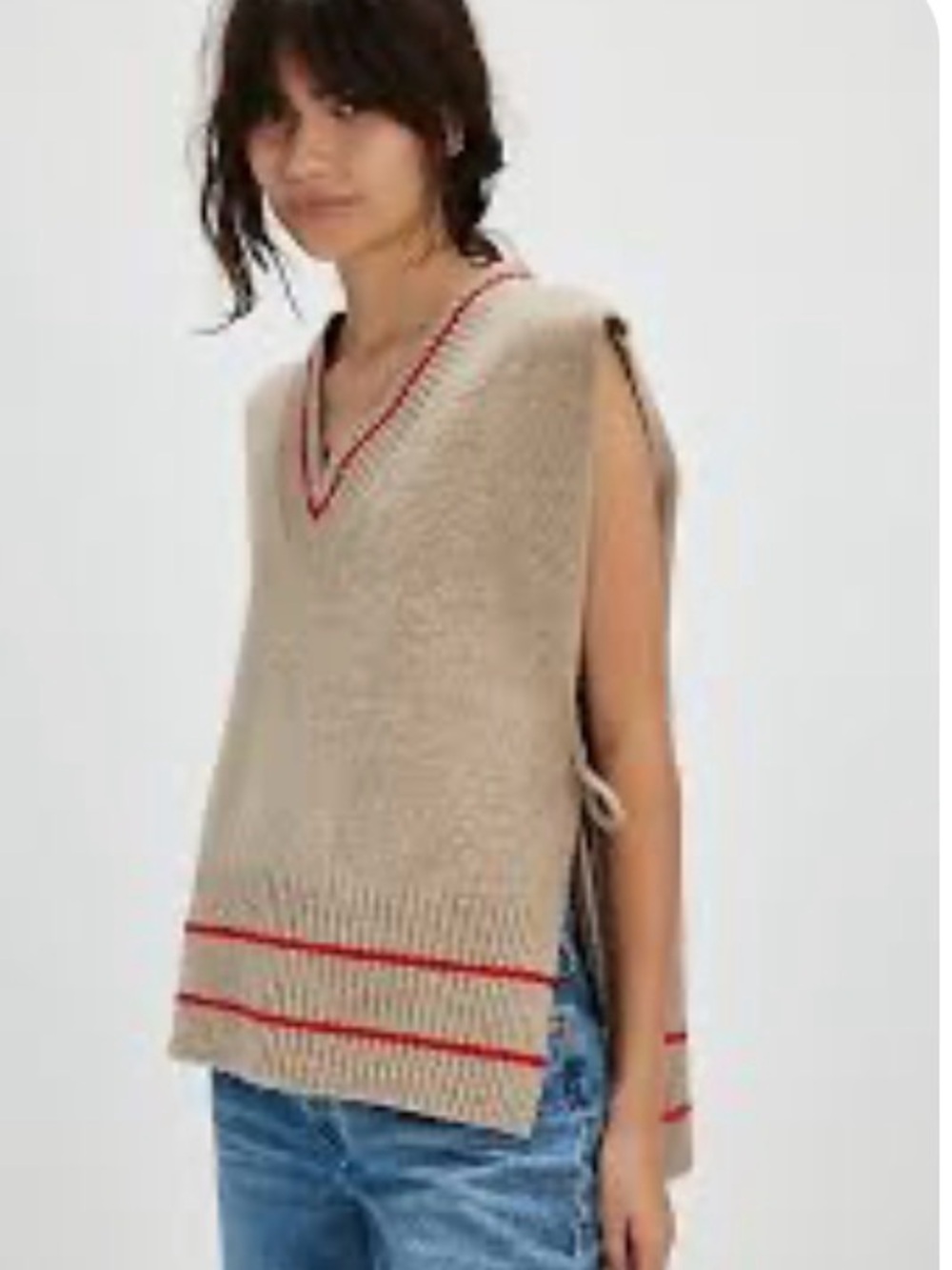 Free People Taupe V-Neck Knit Poncho Vest with Red Stripe Trim
